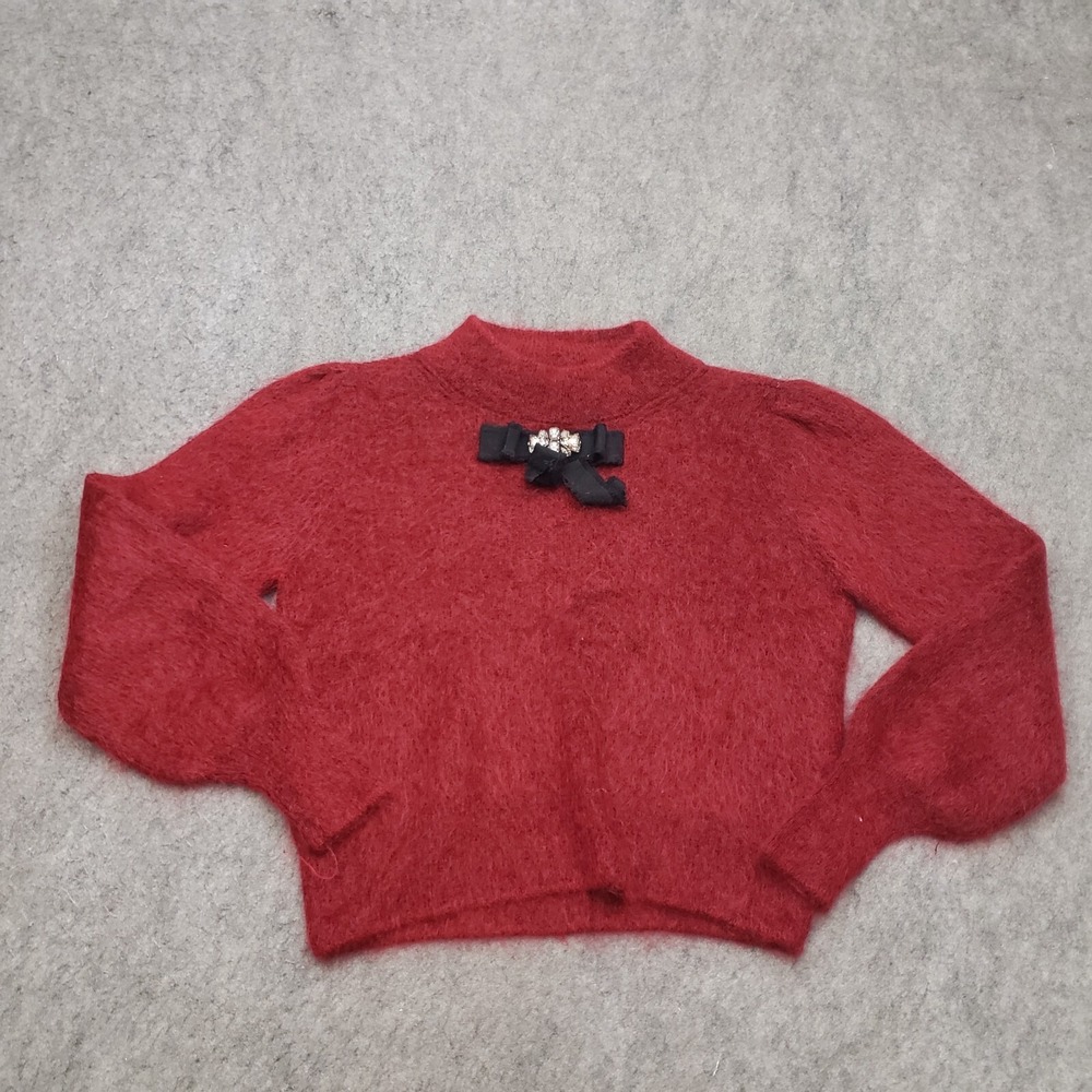 Zara Knit Sweater Womens Small Red Rhinestone Mohair Fuzzy Sweatshirt Ladies